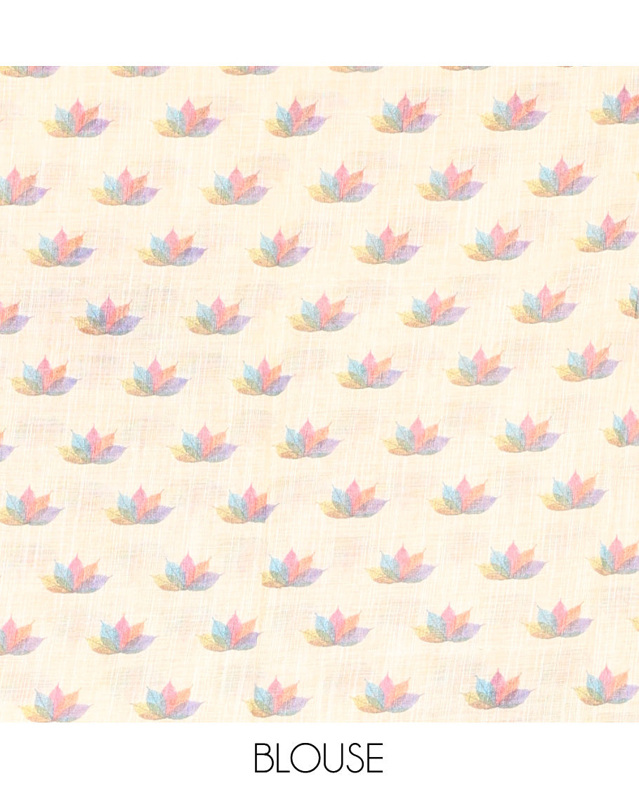Sandal Linen-Cotton Saree Features Kaleidoscope-Colored Leaf Motifs Print and a Matching Blouse