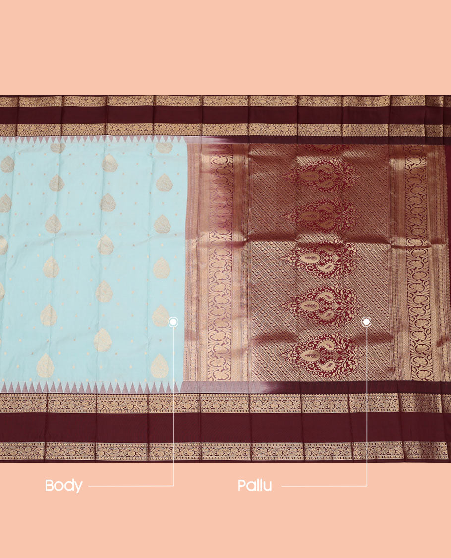 Baby Blue Budget Silk Saree, Graced with Zari Buttas, Contrast Traditional Zari Rettai Pettu Temple Border, Grand Pallu, and a Contrast Blouse