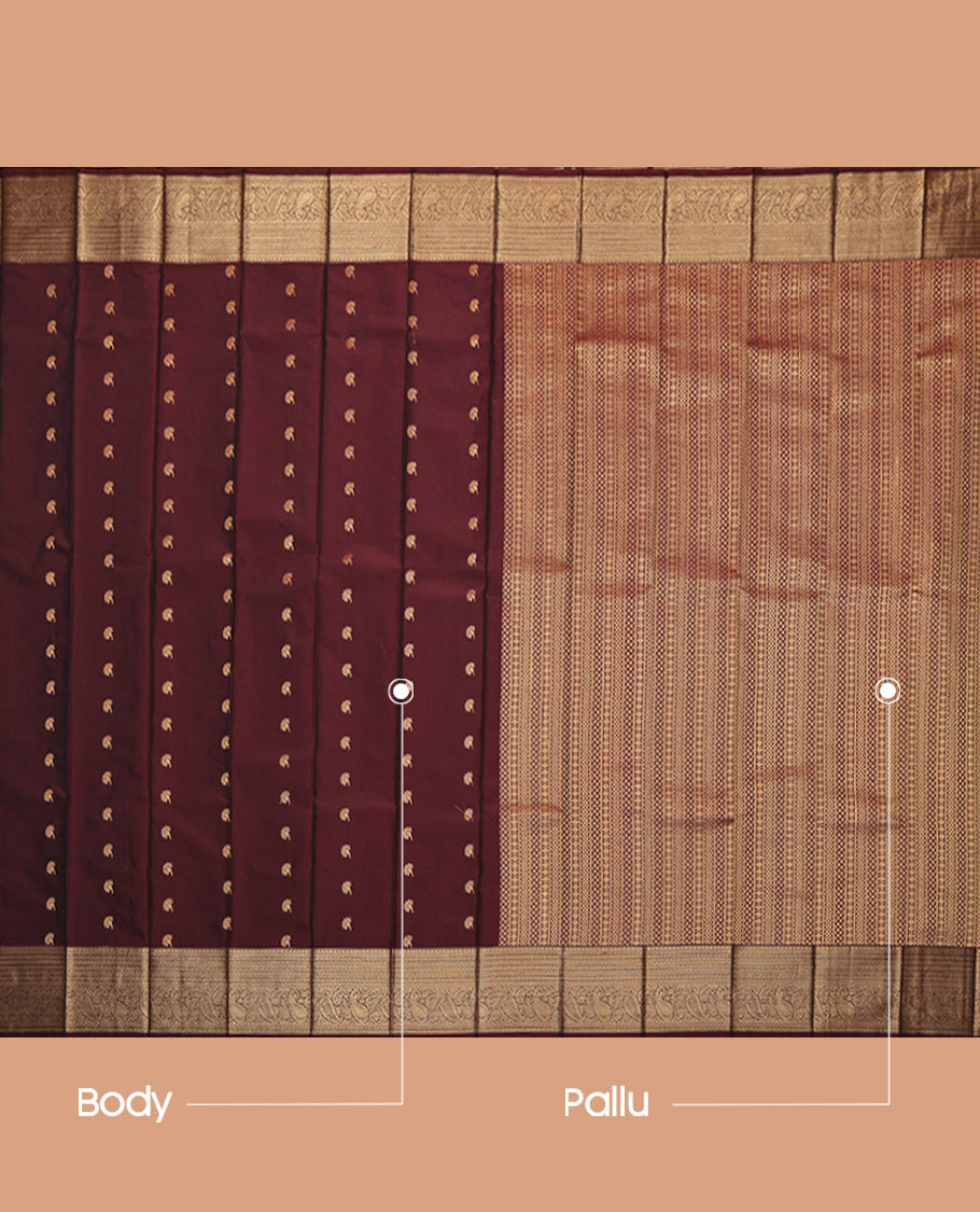 Brown Budget Silk Saree, Accentuated with Zari Buttas, Highlighted by a Traditional Zari Border, Geometric Pallu, and a Matching Blouse