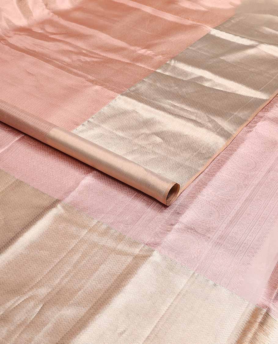 Baby pink striped kancheepuram tissue silk saree with contrast vanki design border & floral design pallu