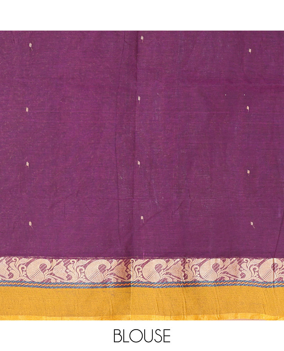 Purple Bengal Cotton Saree, Subtly Sparkled with Buttas, a Contrast Floral-Paisley Border, Pallu of Stripes and Buttas, and a Matching Blouse