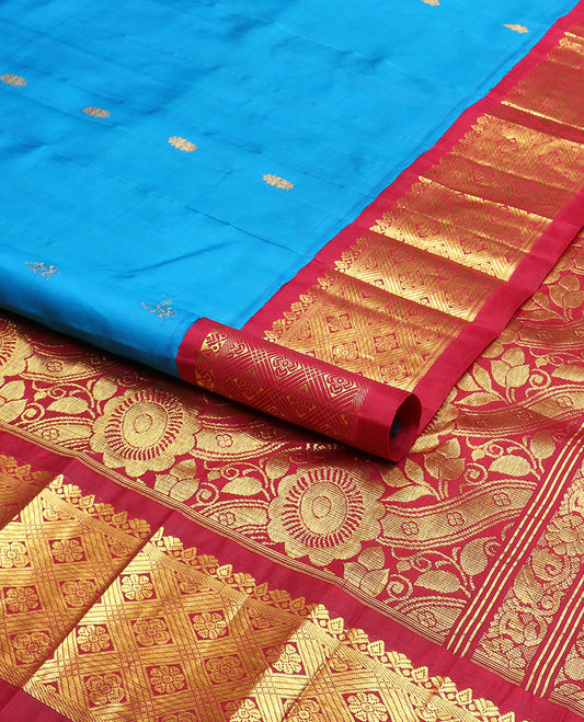 Blue zari buttas kanchipuram silksaree, contrast one-sided korvai jaal design border & floral design pallu