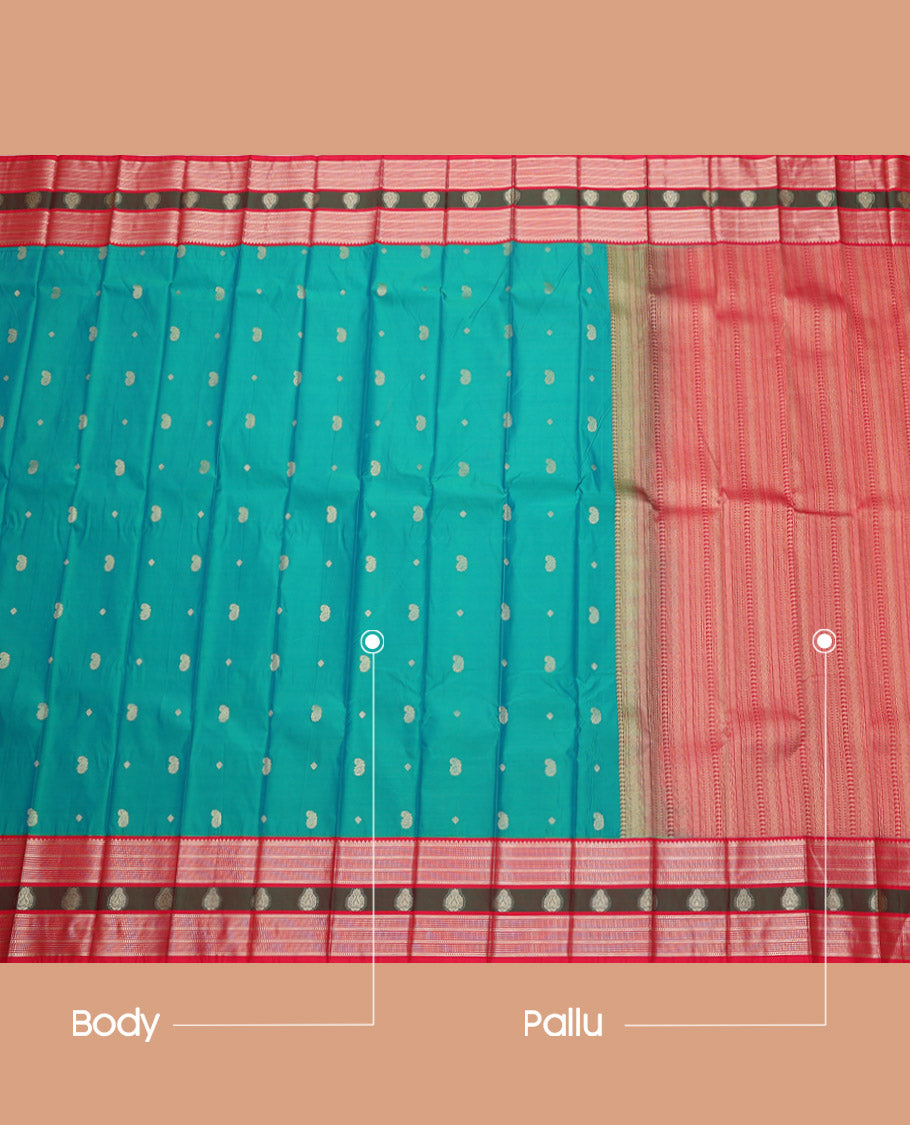 Blue Budget Silk Saree, Elegantly Framed with Zari Buttas, Complemented by a Contrast Traditional Zari Border, Grand Pallu, and a Contrast Blouse