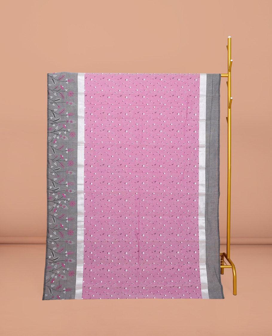 Pink Chirala Cotton Saree, Steeped with Buttas, a Contrast Floral Border, Printed Pallu, and a Contrast Blouse
