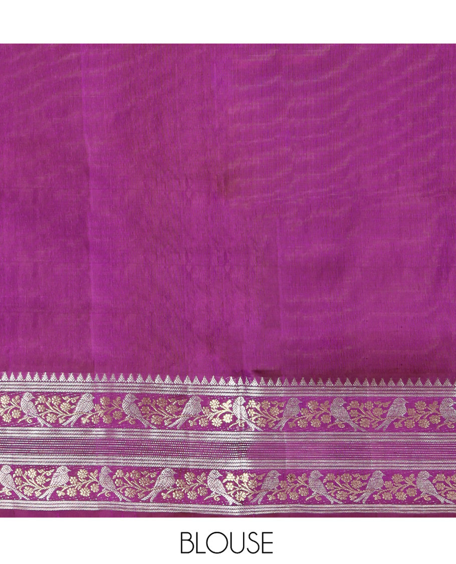 Purple Venkatagiri Silk Saree, Decorated with Zari Buttas on Its Body, Highlighted by a Traditional Zari Border of Floral-Sparrow Designs, Pallu Steeped with Traditional Designs, and Paired with a Matching Blouse
