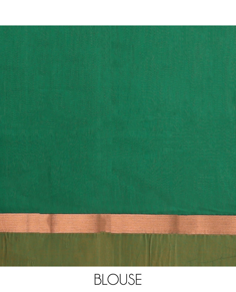 Green Semi-Silk Cotton Saree, Prettified with Butterfly Zari Buttas All Over Its Body, Complemented by a Contrast Border of Floral Designs, Intricately Designed Pallu, and Paired with a Matching Blouse
