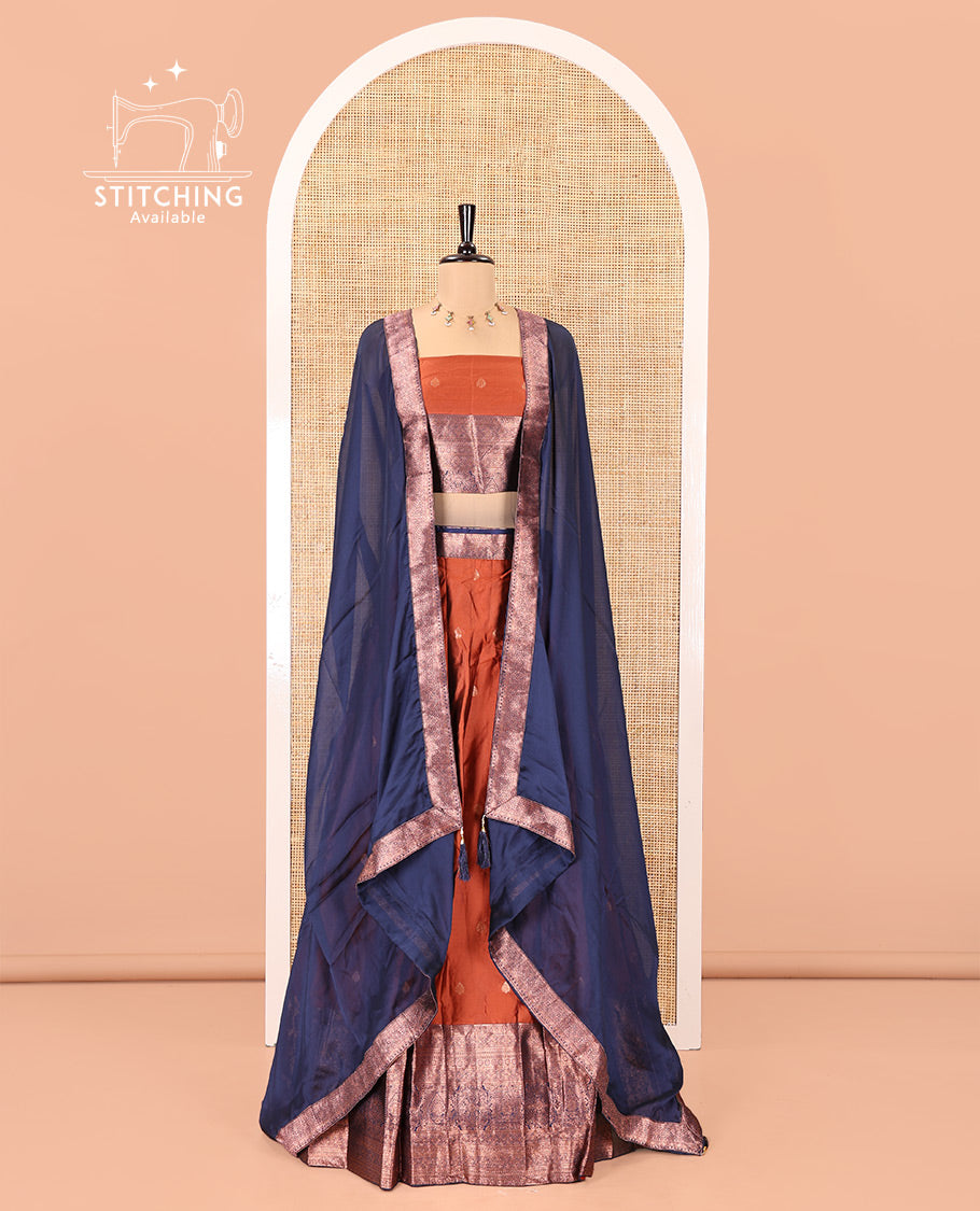 Rust-Blue Semi-Banarasi Half-Saree Features Zari Buttas Skirt, a Contrast Traditional Zari Border, a Matching Blouse, and a Contrast Satin Georgette Dhavani