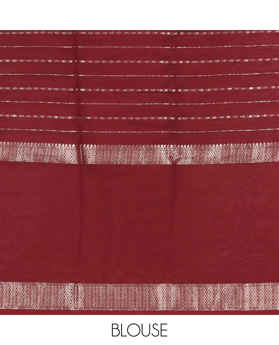 Green Assam Silk Saree, Accentuated with Zari Stripes, Complemented by Contrast Big Zari Border, Zari Woven Pallu, and Contrast Blouse
