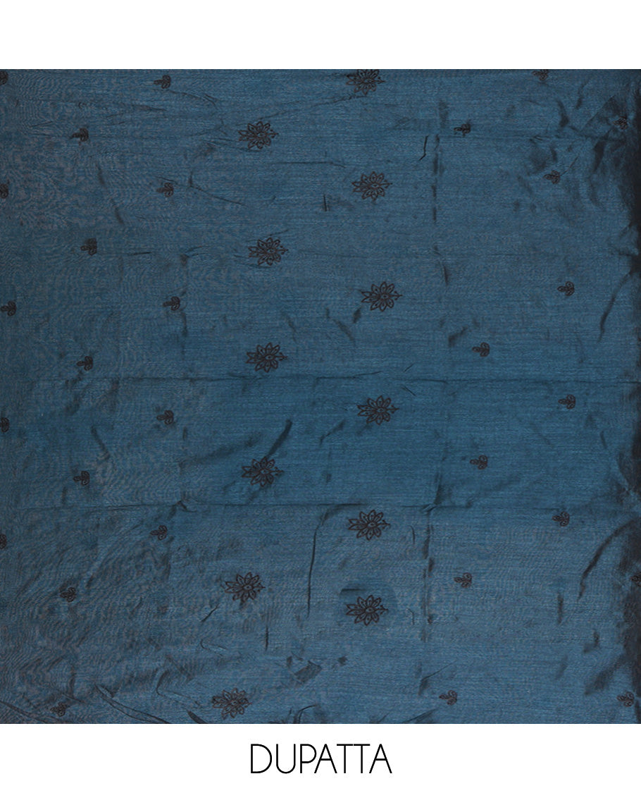 Peacock Blue Vichitra Silk Material Chudidar Set Featuring Sequins-Thread-Embroidered Top, a Santoon Bottom, and a Matching Scallop-Embroidery Dupatta