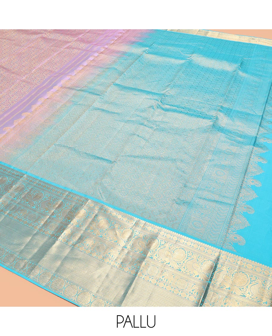 Lavender Kanchipuram Wedding Silk Saree, Embellished with Jacquard Design, Contrast Border of Thilakam, Rudraksham, Mayil, Yaanai, Chakram, and Mayil Kann, Grand Pallu, and Contrast Blouse