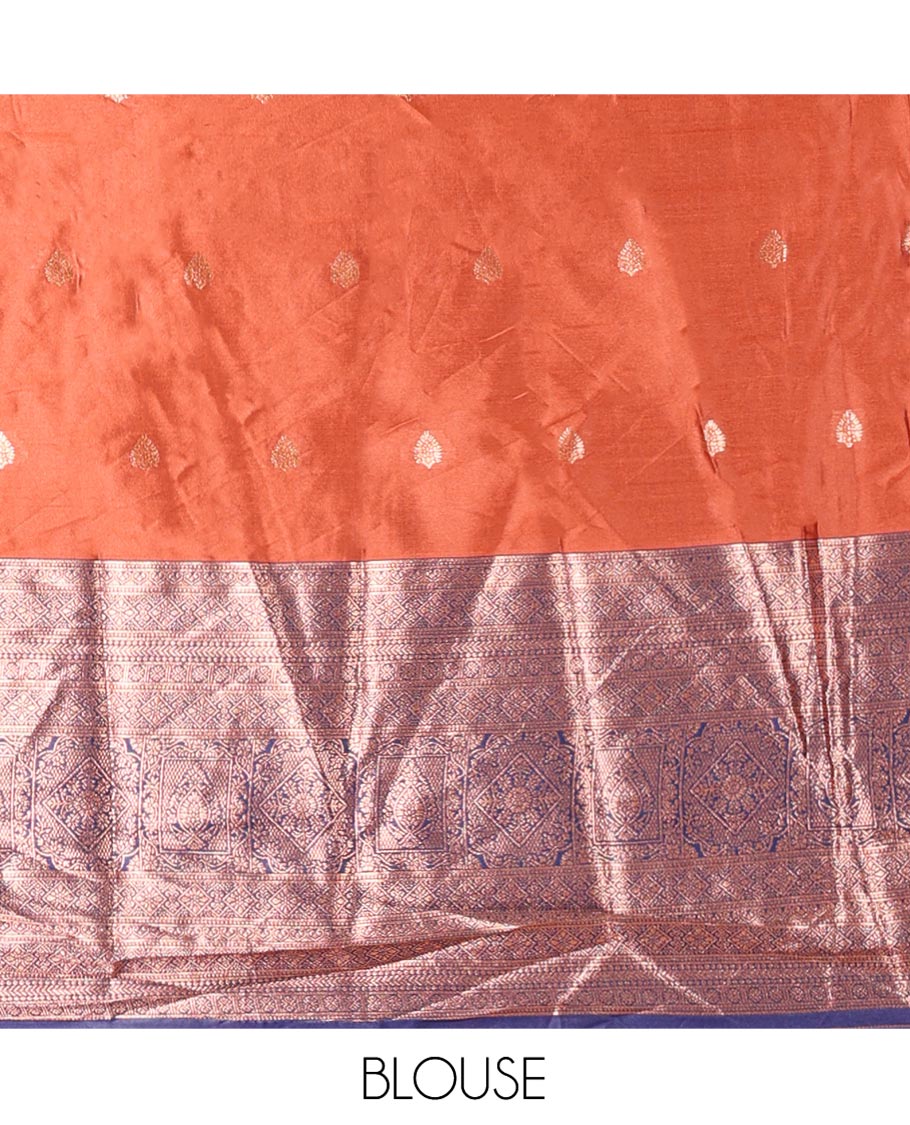 Rust-Blue Semi-Banarasi Half-Saree Features Zari Buttas Skirt, a Contrast Traditional Zari Border, a Matching Blouse, and a Contrast Satin Georgette Dhavani