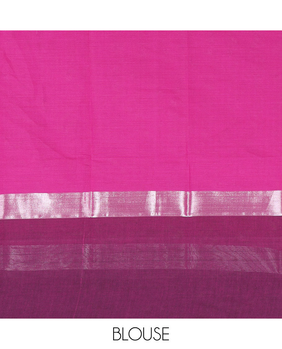 Pink Chirala Cotton Saree, Steeped with Buttas, a Contrast Floral Border, Printed Pallu, and a Contrast Blouse