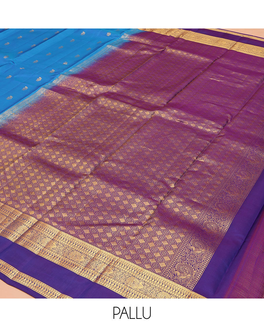 Blue Vasundhara Lite Silk Mix Saree, Detailed with Zari Buttas on Its Body, Complemented by a Contrast Border of Thilakam, Rudraksham, Manga, and Mayil Designs, Grand Pallu, and Paired with a Contrast Blouse