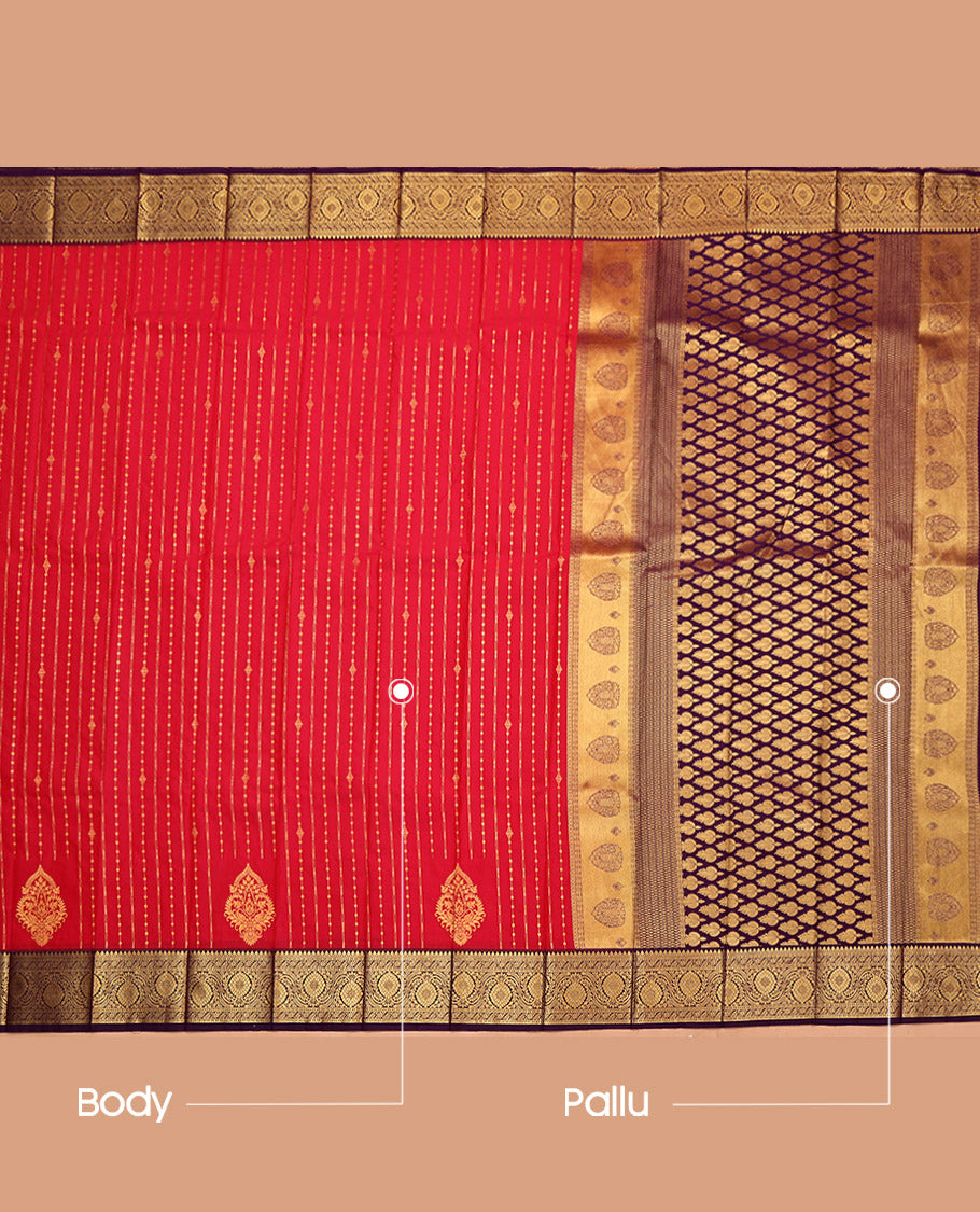 Red Budget Silk Saree, Elegantly Framed with Zari Stripes, Complemented by a Contrast Traditional Zari Border, Grand Pallu, and a Contrast Blouse