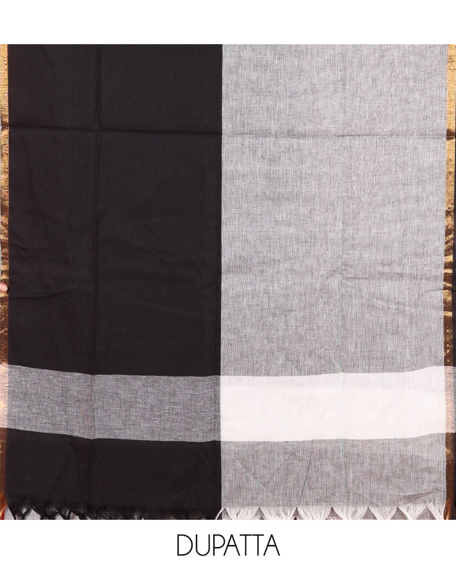 Black Handloom Cotton Material Chudidar Set Featuring Butta Enclosed Checked Top, Heathered Bottom, and Dual-Color Dupatta