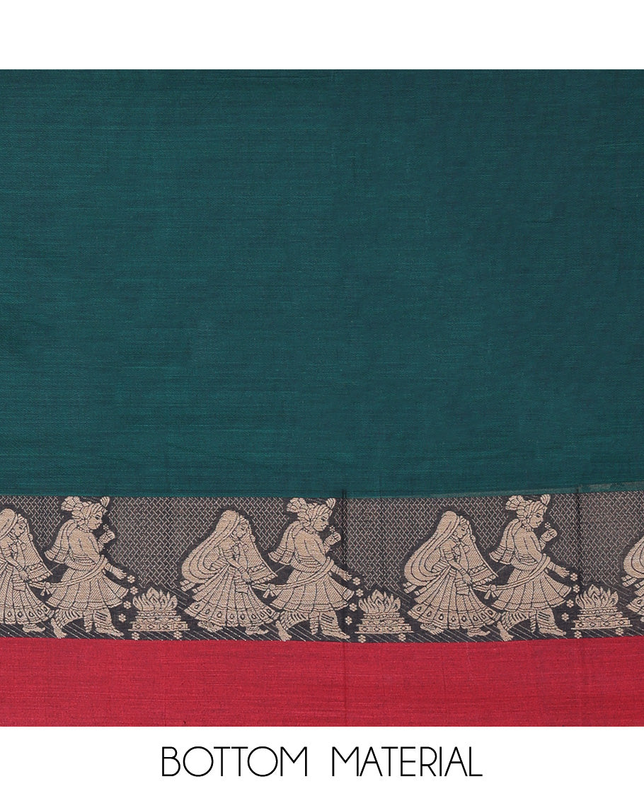 Bottle Green Mercerised Cotton Material Churidar Features Plain Top, Contrast Thread Wedding-Themed Motif Border, Matching Bottom and Dupatta