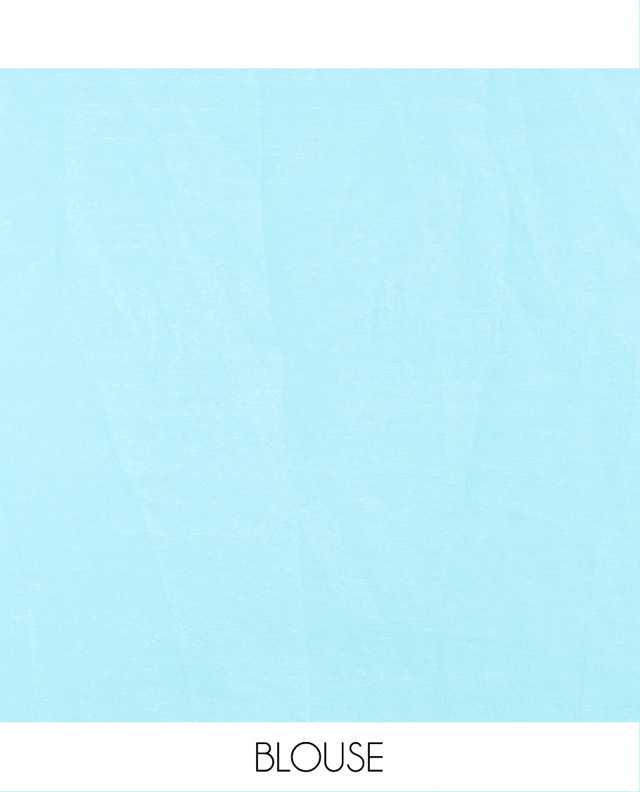 Blue chevron striped and flamingo motifs designer saree, pom-pom lace border, and chevron striped pallu