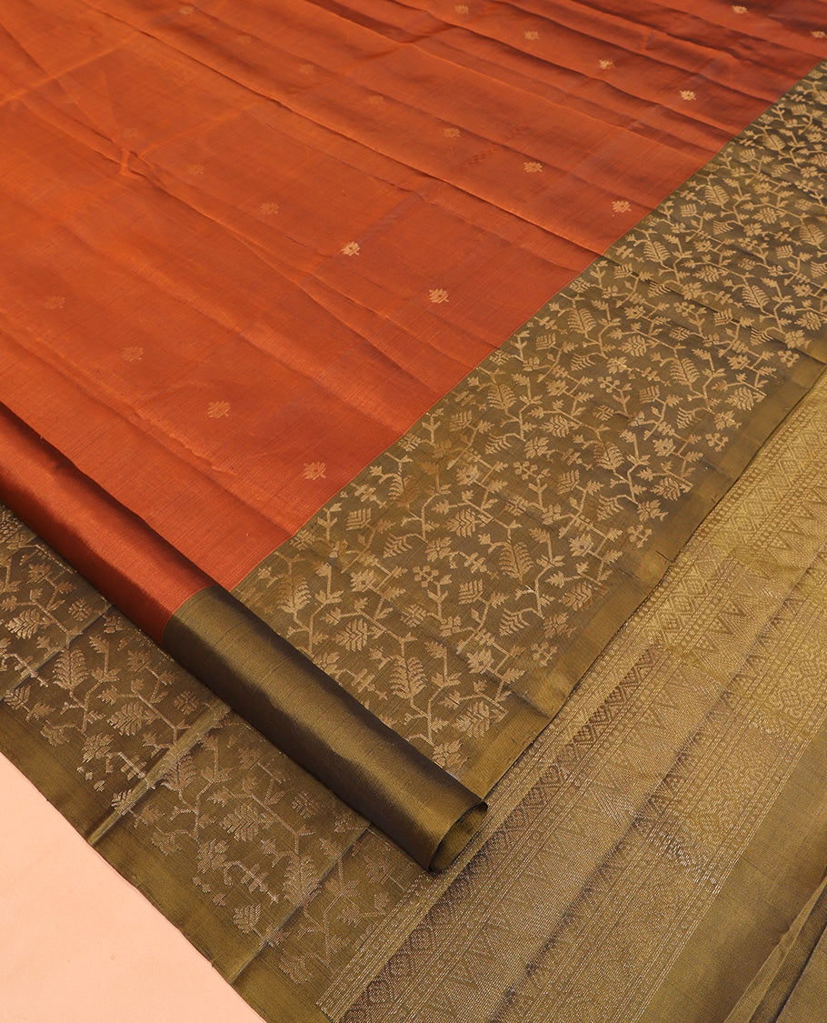Rust Mayuri Lite Silk Mix Saree, Gleamed Up with Zari Buttas, Complemented by a Contrast Paithani-Style Woven Border, a Grand Pallu, and a Contrast Blouse