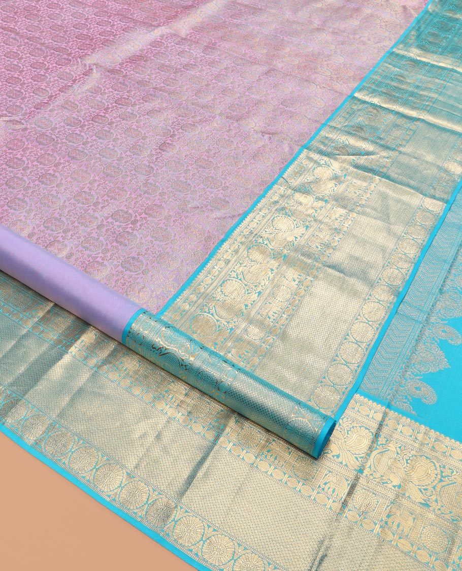 Lavender Kanchipuram Wedding Silk Saree, Embellished with Jacquard Design, Contrast Border of Thilakam, Rudraksham, Mayil, Yaanai, Chakram, and Mayil Kann, Grand Pallu, and Contrast Blouse