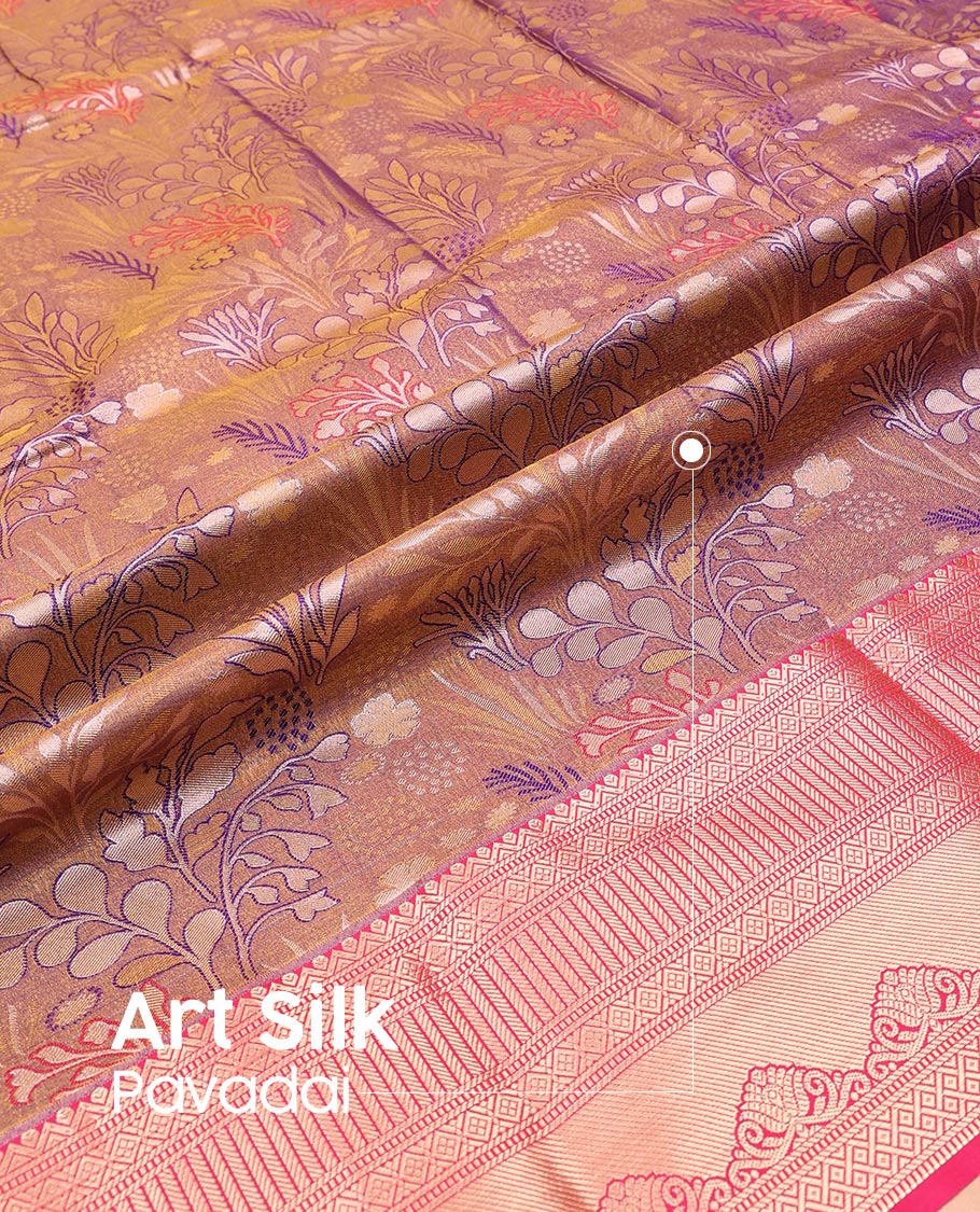 Violet Art Silk Pavadai Material Set Spotlighted with Jacquard Design on Its Skirt, Complemented by a Contrast Traditional Zari Design Border, and Paired with a Contrast Blouse