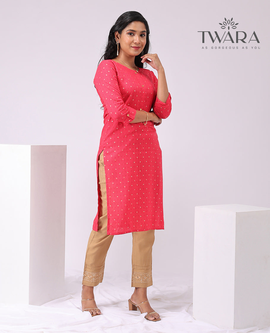 Twara Red round motifs round neck , knee lenght , 3/4 th sleeve kurti