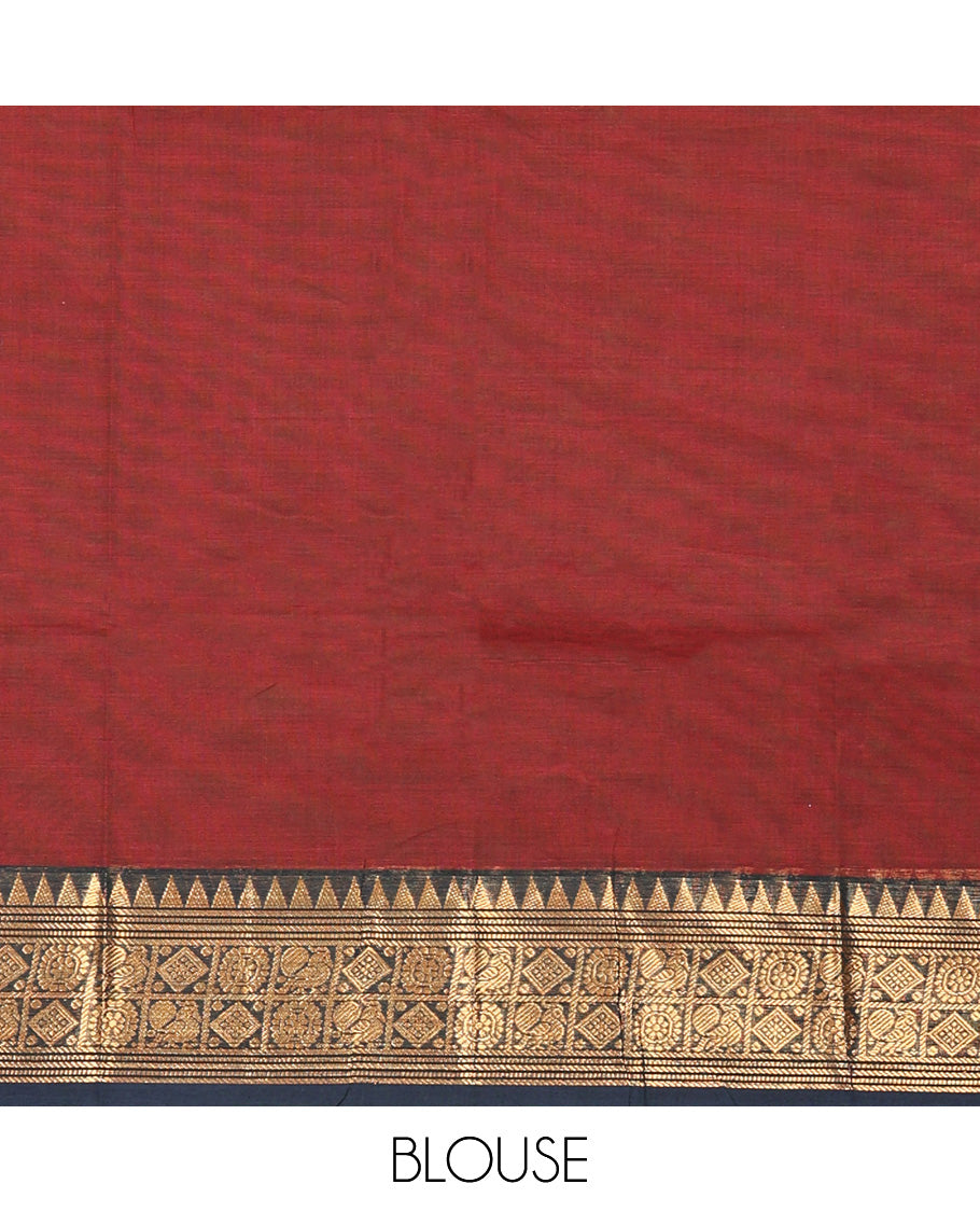 Maroon Chettinad Cotton Saree, Woven with Buttas All Over Its Body, Complemented by a Contrast Traditional Zari Design Woven Border, Pallu of Stripes, and Buttas, and Paired with a Matching Blouse