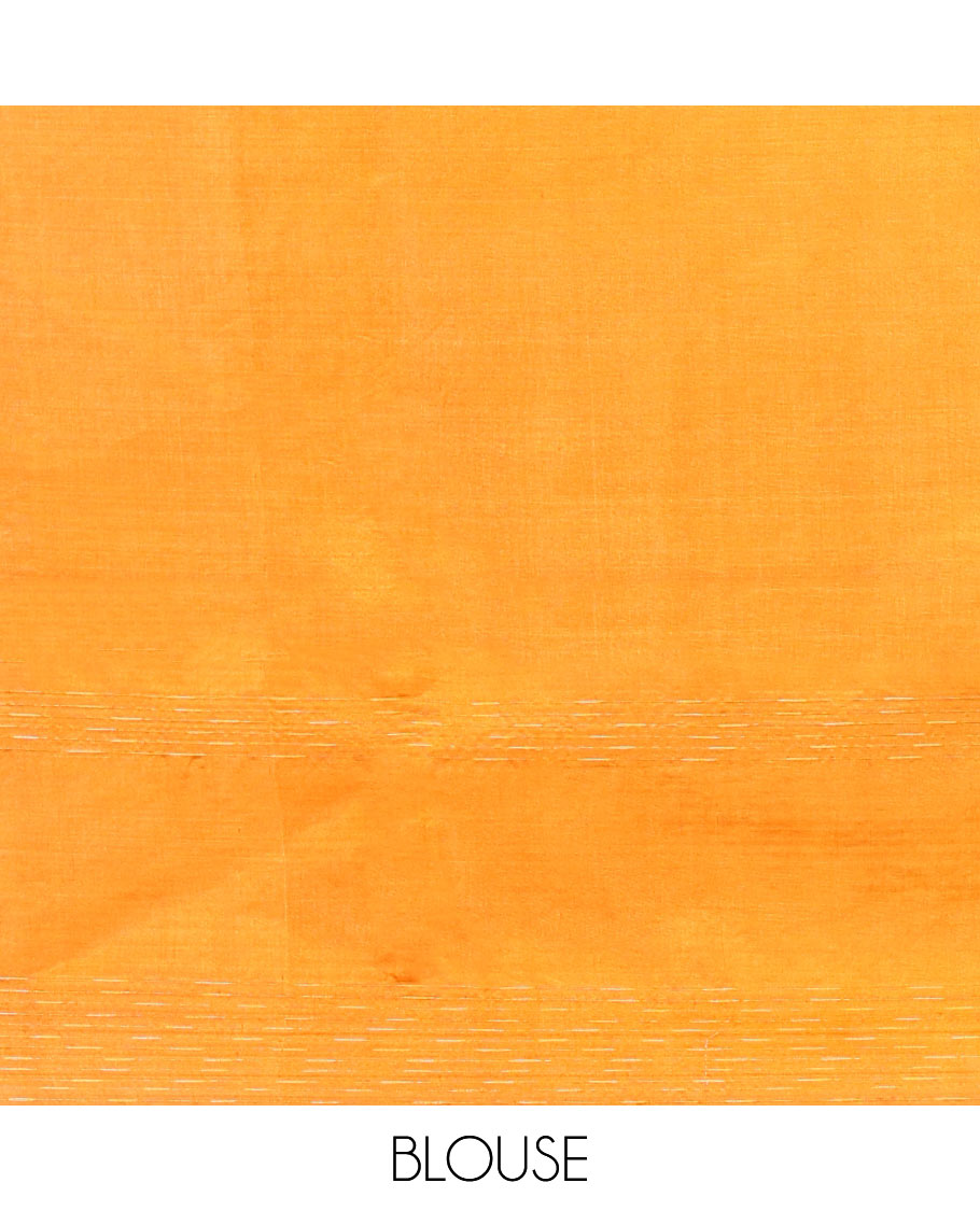 Orange Banana Pith Saree, Finely Woven with Buttas All Over Its Body, Subtle Self-Border of Stripes and Buttas, Pallu Steeped with Stripes, and Paired with a Matching Blouse