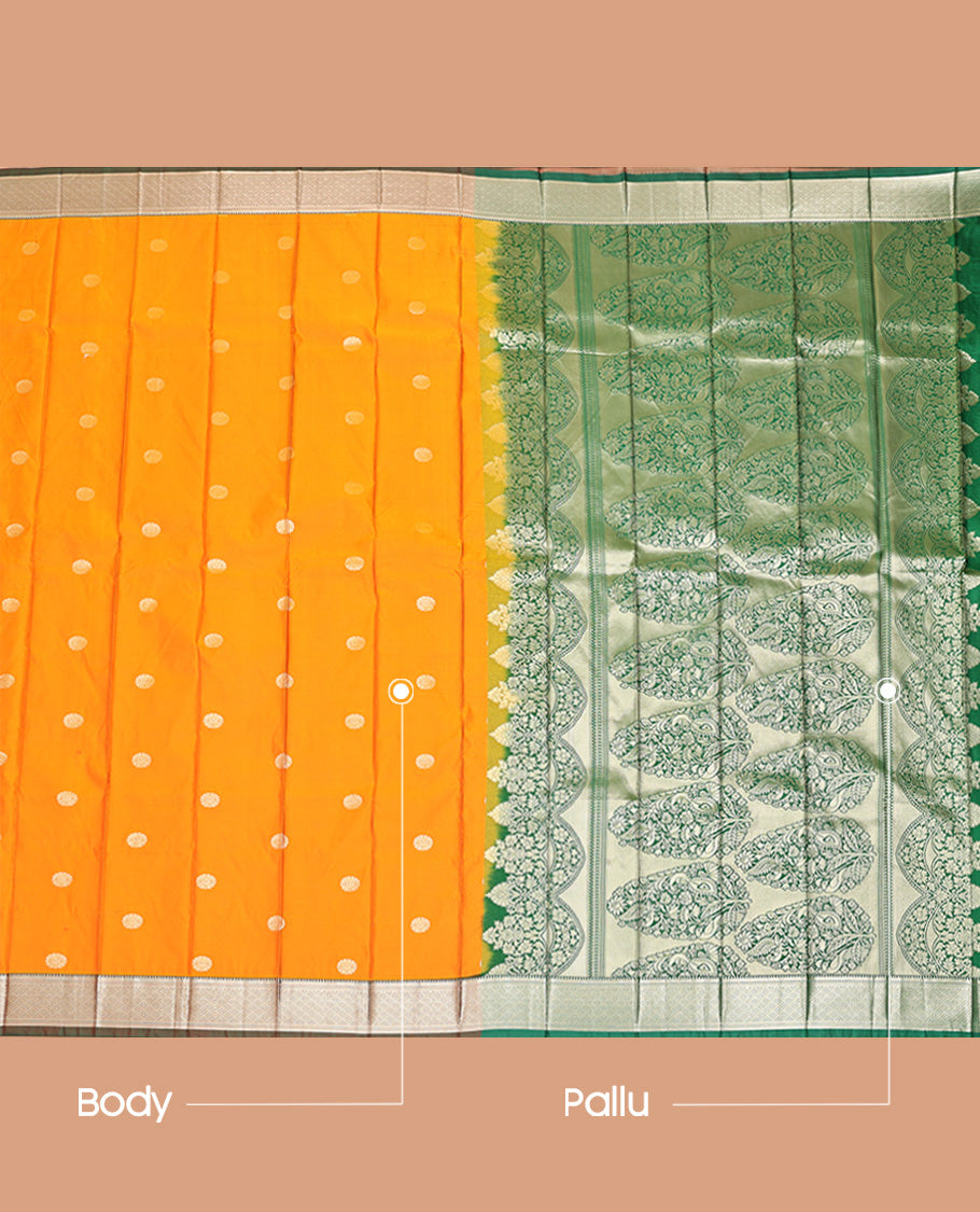 Orange Budget Silk Saree, Entralled with Zari Buttas All Over Its Body, Complemented by Contrast Traditional Zari Designs Woven Border, Grand Pallu and Paired with a Contrast Blouse