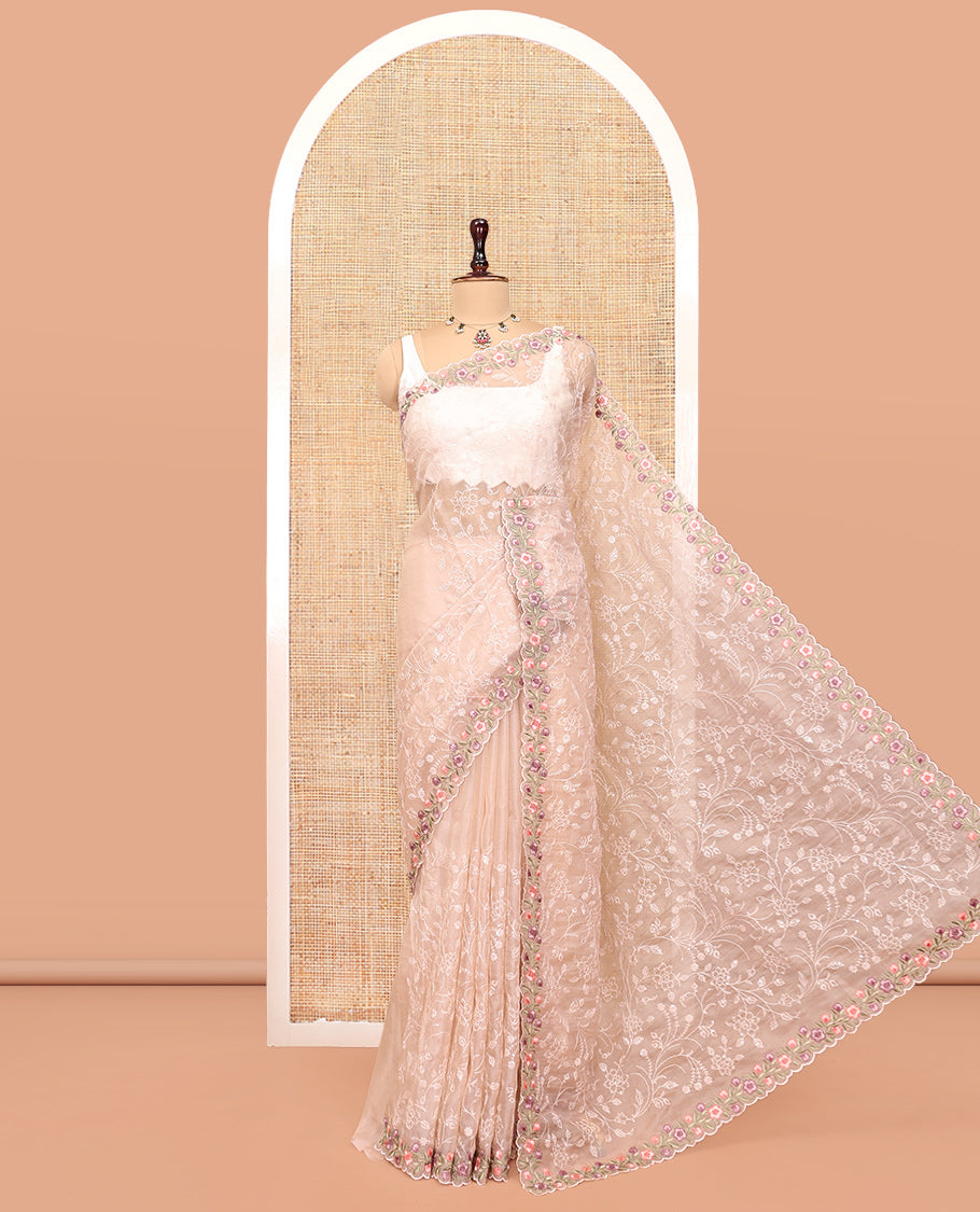 Beige Organza Saree, Steeped in the Richness of Floral Vine Embroidery, a Scallop Floral Embroidery Border, and a Matching Blouse