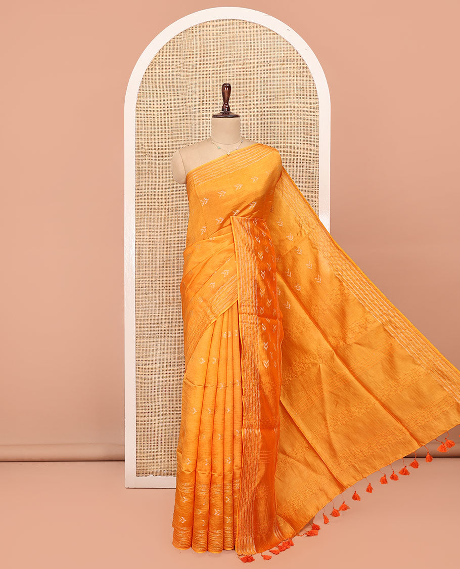 Orange Banana Pith Saree, Finely Woven with Buttas All Over Its Body, Subtle Self-Border of Stripes and Buttas, Pallu Steeped with Stripes, and Paired with a Matching Blouse