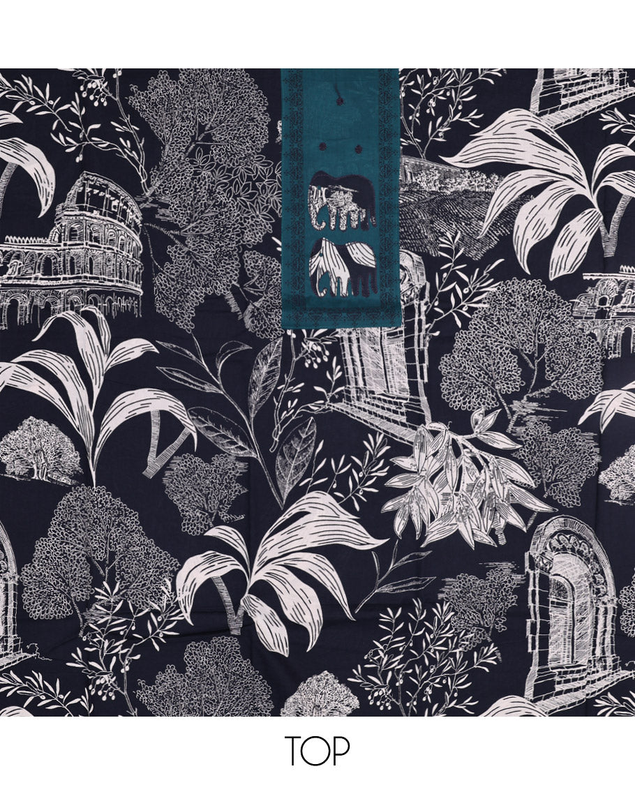 Blue Material Chudidar Set, Adorned with Tropical Floral and Building Print and Neck Embroidery on Cotton Top, a Contrast Plain Cotton Bottom, and Paired with a Geometric Printed Matching Cotton Dupatta