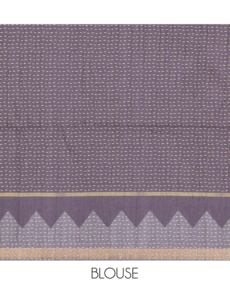 Grey Katan Silk Saree, Adorned with 3d-Style Print and Dotted-Style on Its Body, Complemented by Contrast Border, Pallu Steeped with Buttas, and Paired with a Contrast Blouse
