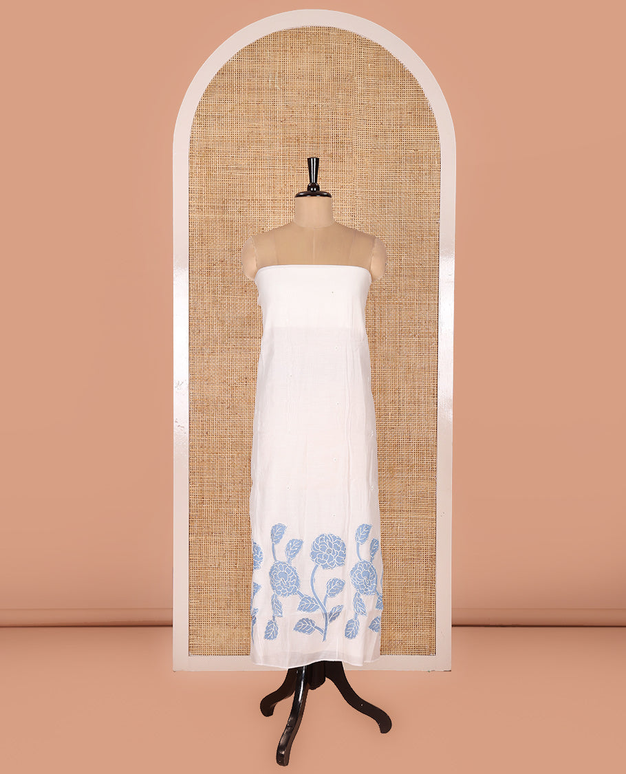 Cream and Blue Mul Chanderi Material Chudidar Set, Delicately Designed with Floral Embroidery On Its Top, A Plain Santoon Bottom, and Comes with a Contrast Scallop Floral Embroidered Dupatta