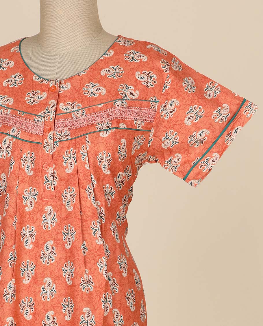 Orange floral printed & round neck cotton half-sleeve nighty