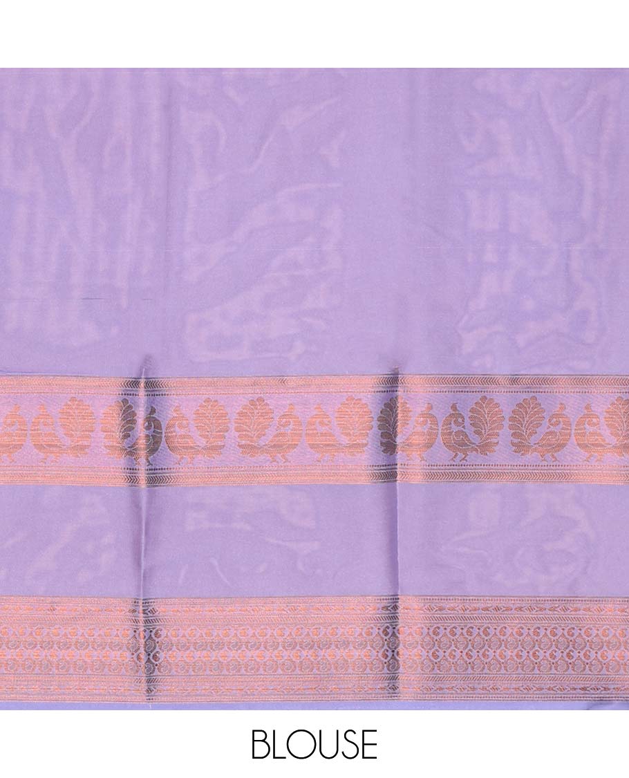 Blue floral printed semi-banaras printed saree, contrast traditional design border & striped pallu