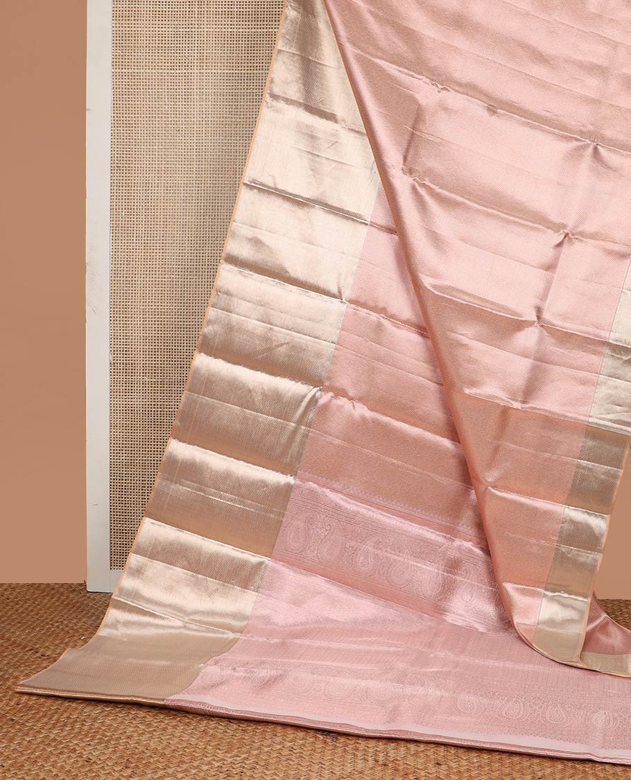 Baby pink striped kancheepuram tissue silk saree with contrast vanki design border & floral design pallu