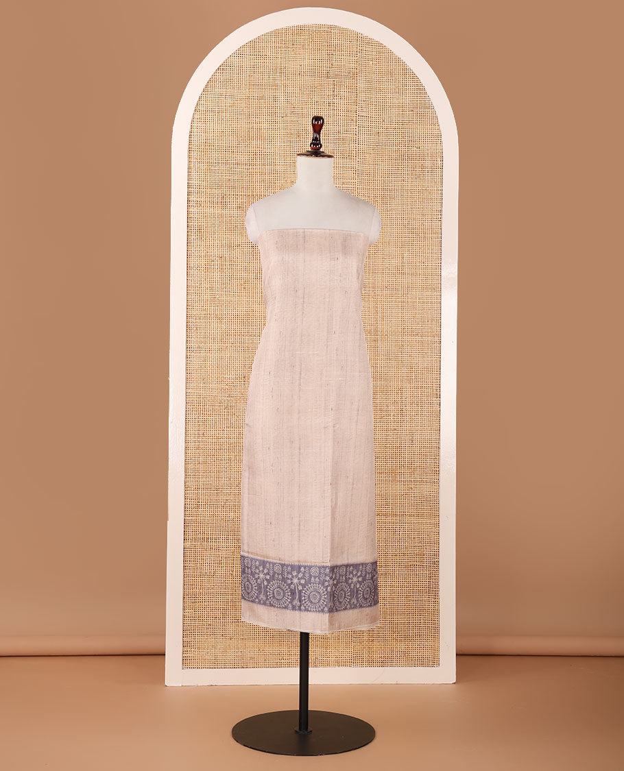 Chikku color semi-tussar material chudidar set, warli motifs top, contrast grey plain bottom & dupatta steeped with warli motifs