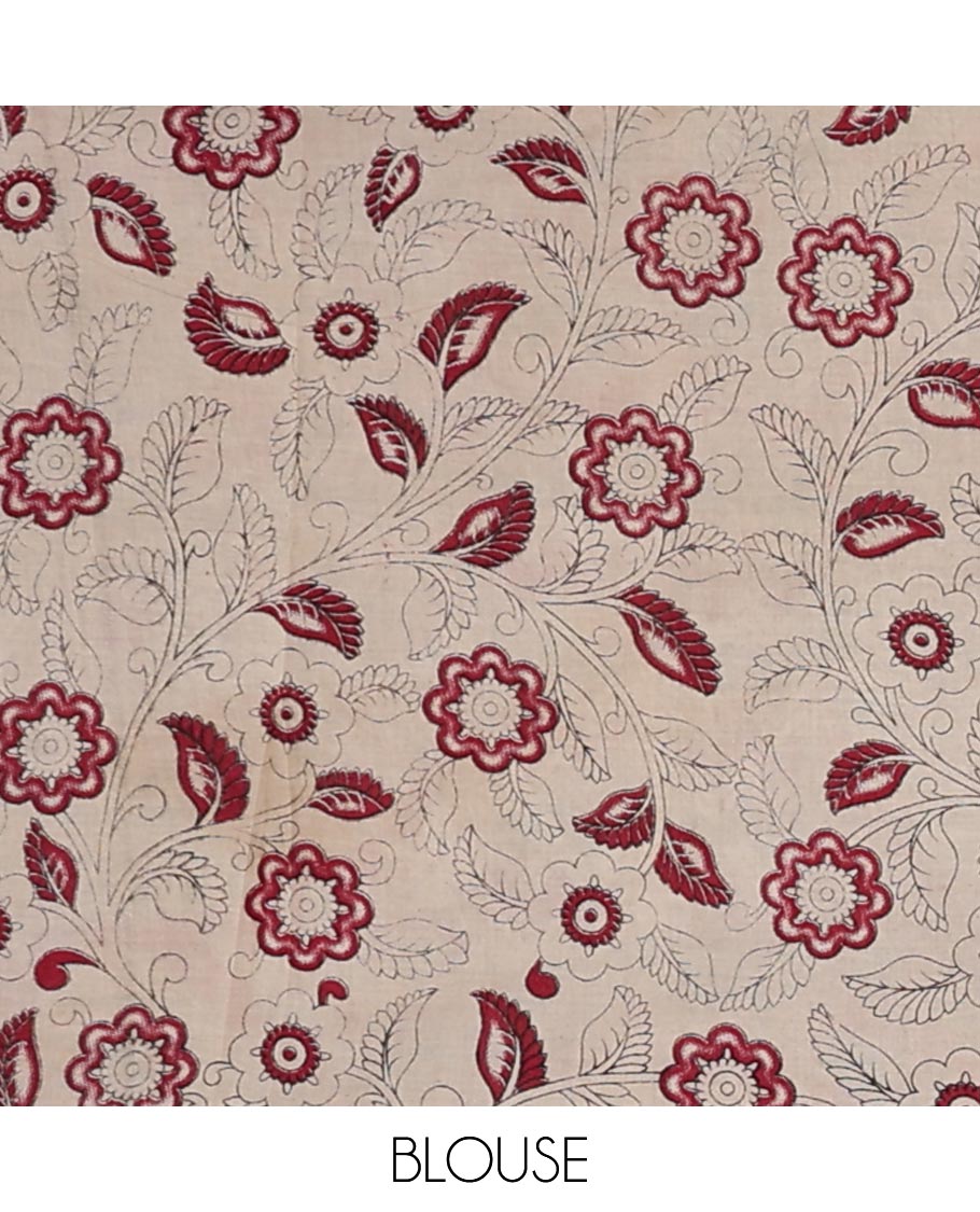 Green floral vine design machine-printed kalamkari cotton saree with floral design border & peacock, geometric design pallu