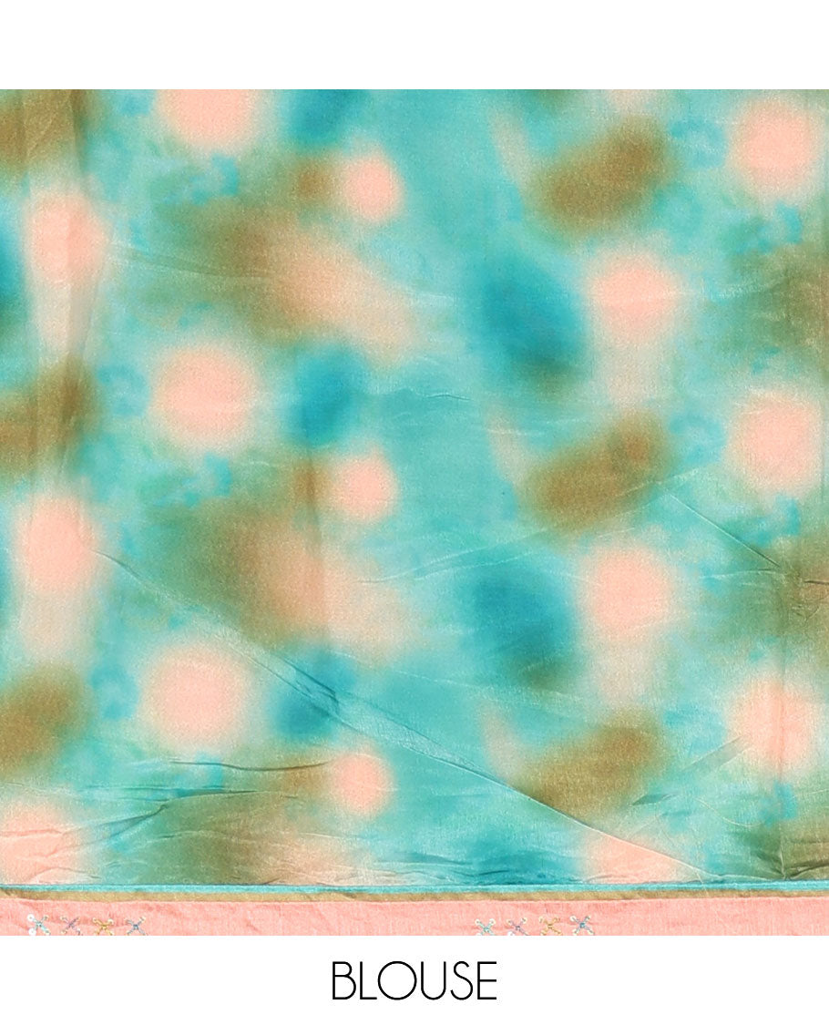 Blue digital print chiffon shimmer saree with lace border & self pallu along with printed blouse