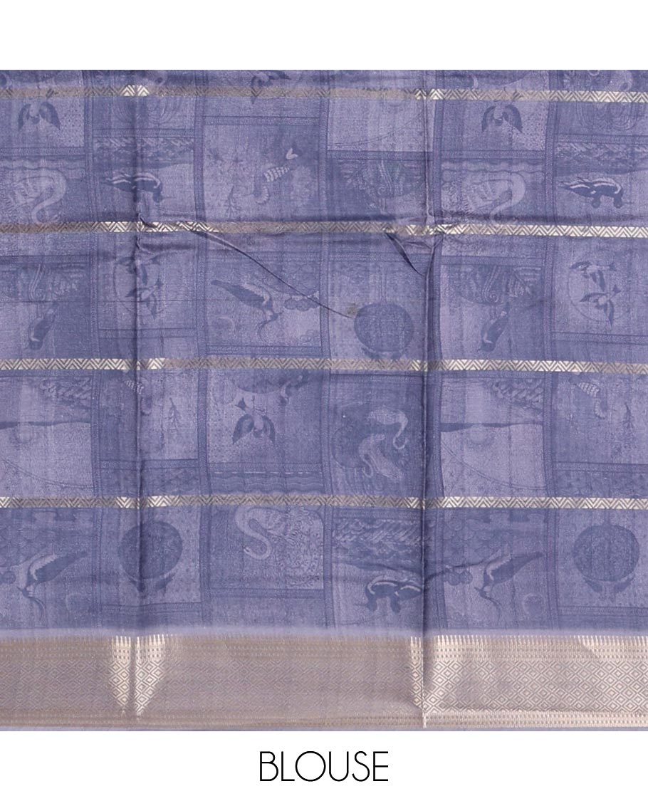 Blue horizontal zari striped with bird motifs printed soft tusser saree, traditional zari border & geometric printed pallu