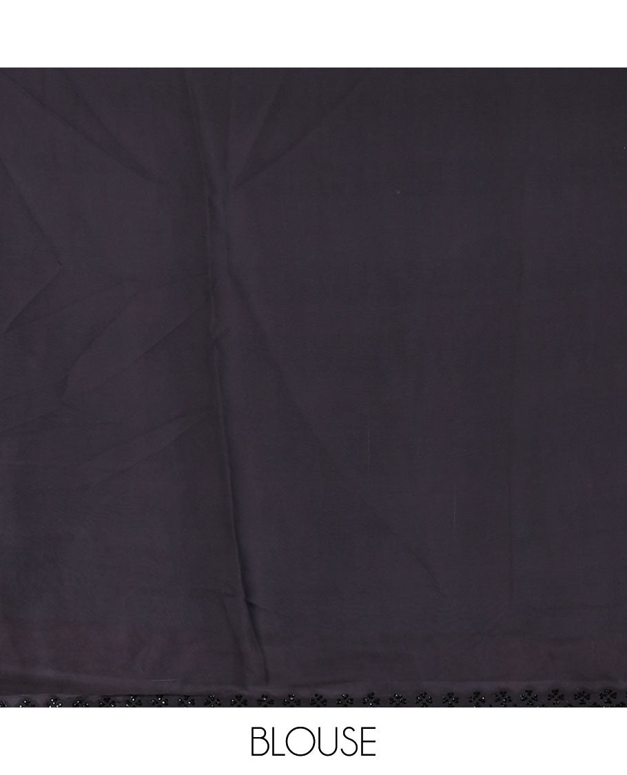 Black and baby pink horizontal striped satin crepe saree, black stone scallop border, self-pallu, and a plain blouse