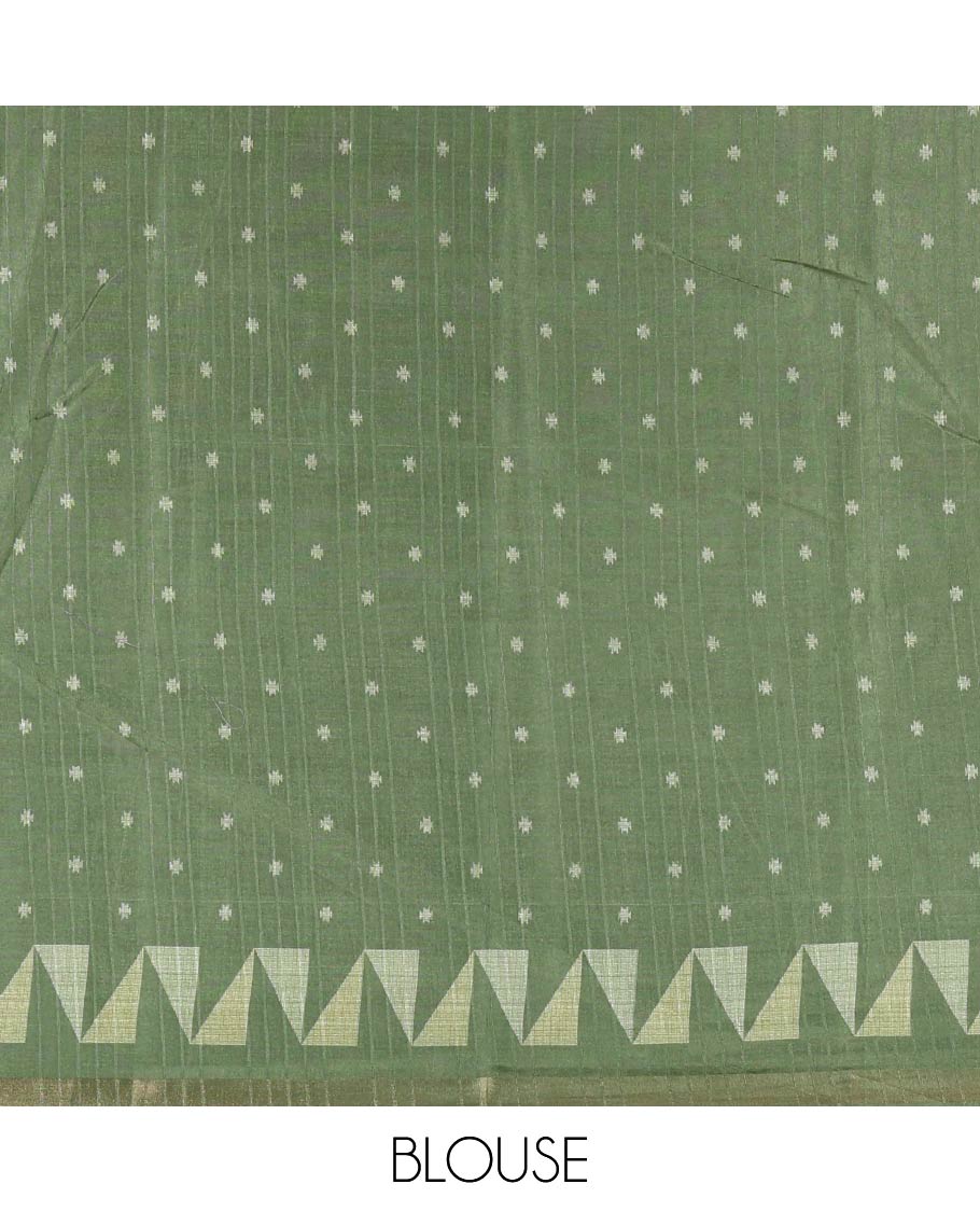 Pink and Green Semi-Tussar Saree, Subtly Sparkled with Stripes, Temple Motifs, and Circle Motifs on Its Body, Complemented by a Contrast Border, and Pallu of Geometric Print, and Paired with a Contrast Blouse