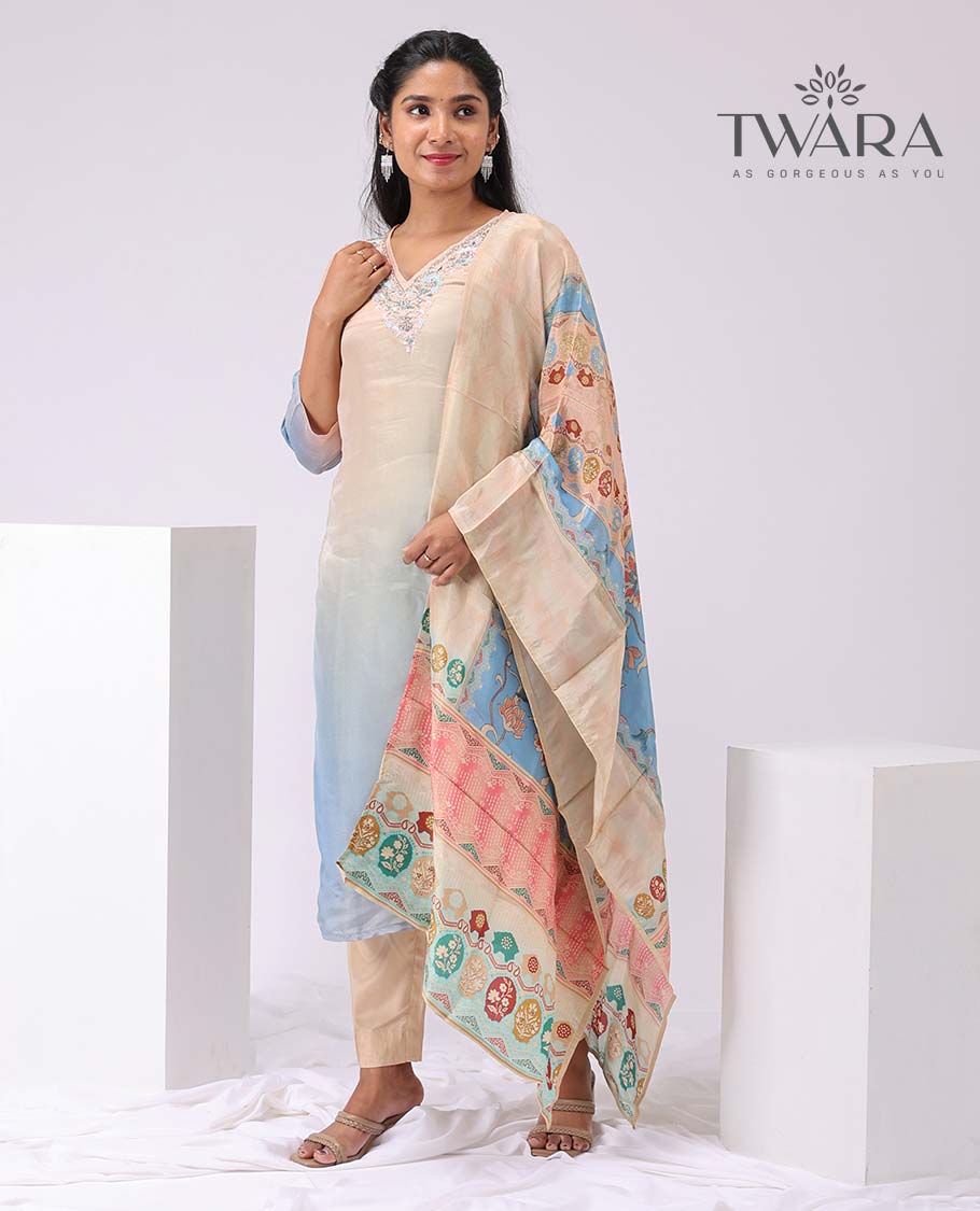 Twara multi-color floral embroidery v neck, 3/4th sleeve, below knee lenght kurti with straight pants & floral printed dupatta