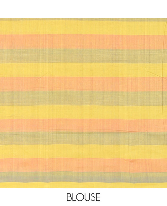 Borderless Multi coloured checked design khadi cotton saree with striped design pallu