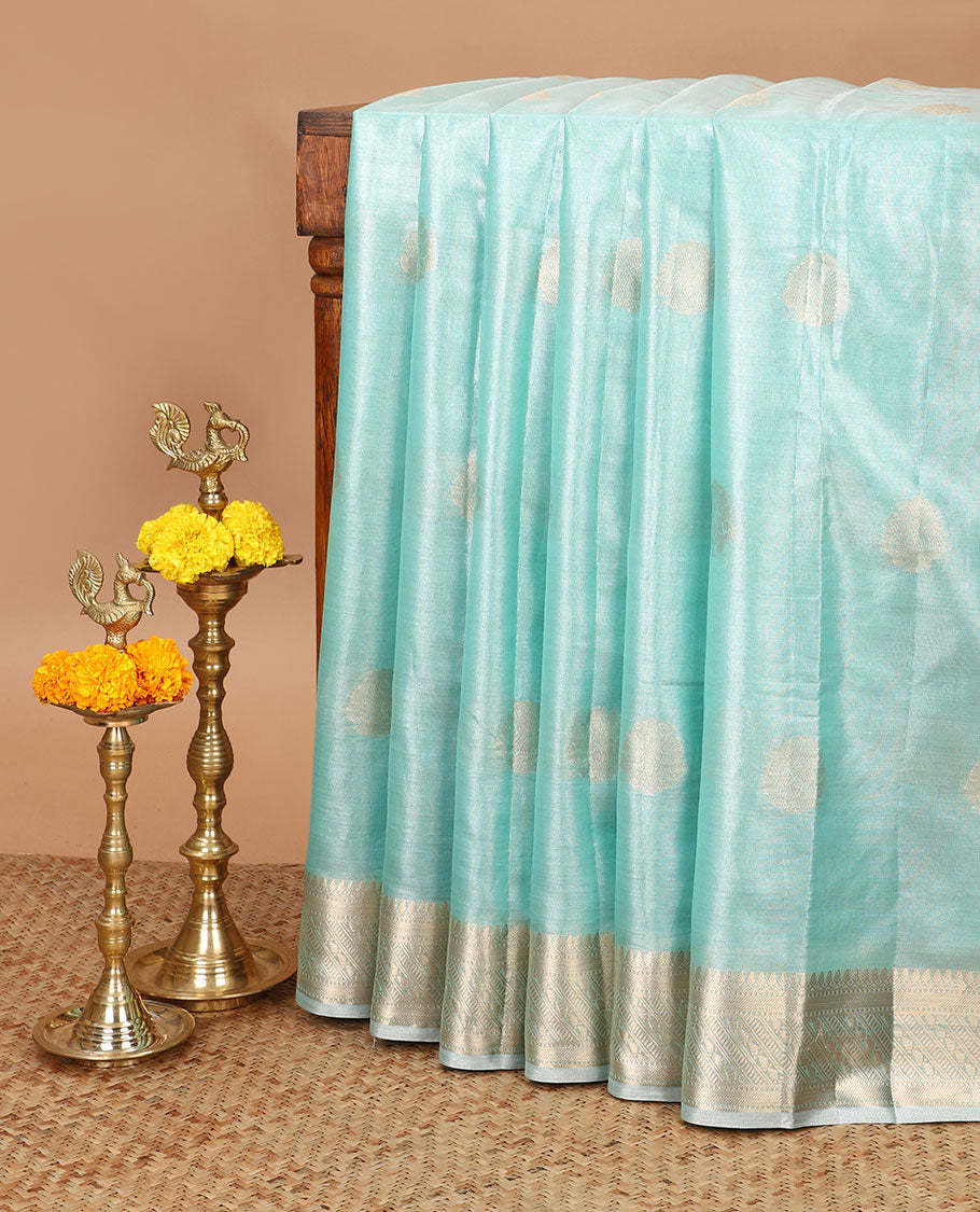 Sea green zari butta design banaras tissue silk saree with almond zari jacquard border & chit pallu along with running blouse