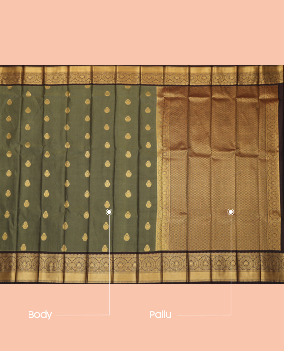 Green Budget Silk Saree, Detailed with Zari Buttas, a Contrast Traditional Zari Border, a Grand Pallu and a Contrast Blouse