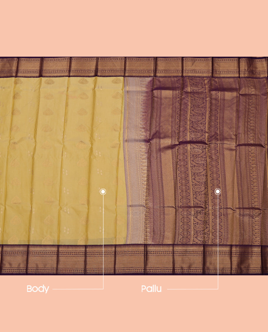 Sandal Budget Silk Saree, Featuring Zari Buttas All Over Its Body, Complemented by a Contrast Traditional Zari Design Border, Grand Pallu, and Paired with a Contrast Blouse