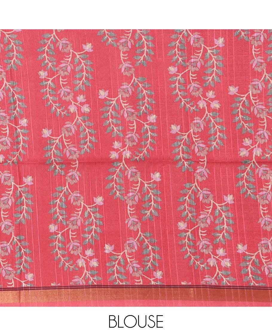 Black jamdani-style floral vine printed katan silk saree, contrast zari border, pallu mirroring the same body design & contrast printed blouse