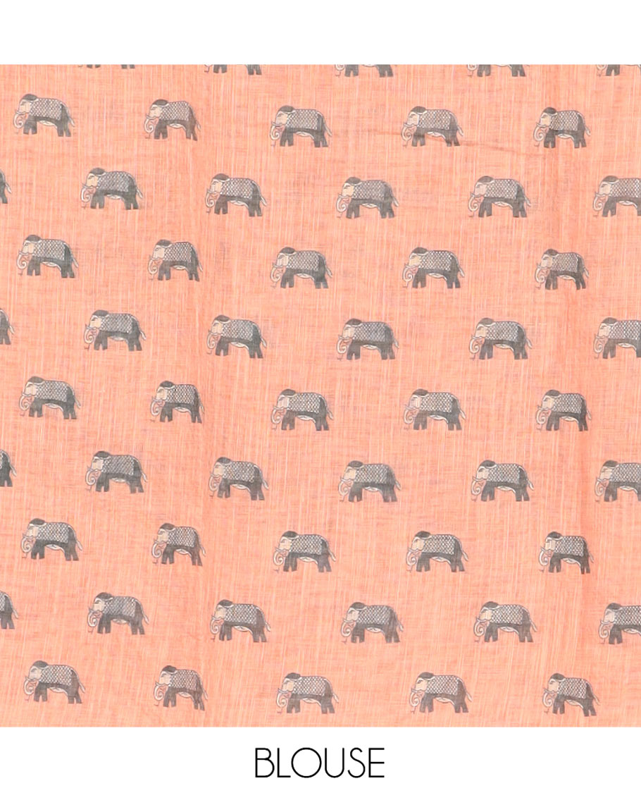 Green Linen Cotton Saree Features Polka Dots, a Contrast One-sided Elephant Motif Border, Elephant Motif Pallu, Contrast Blouse