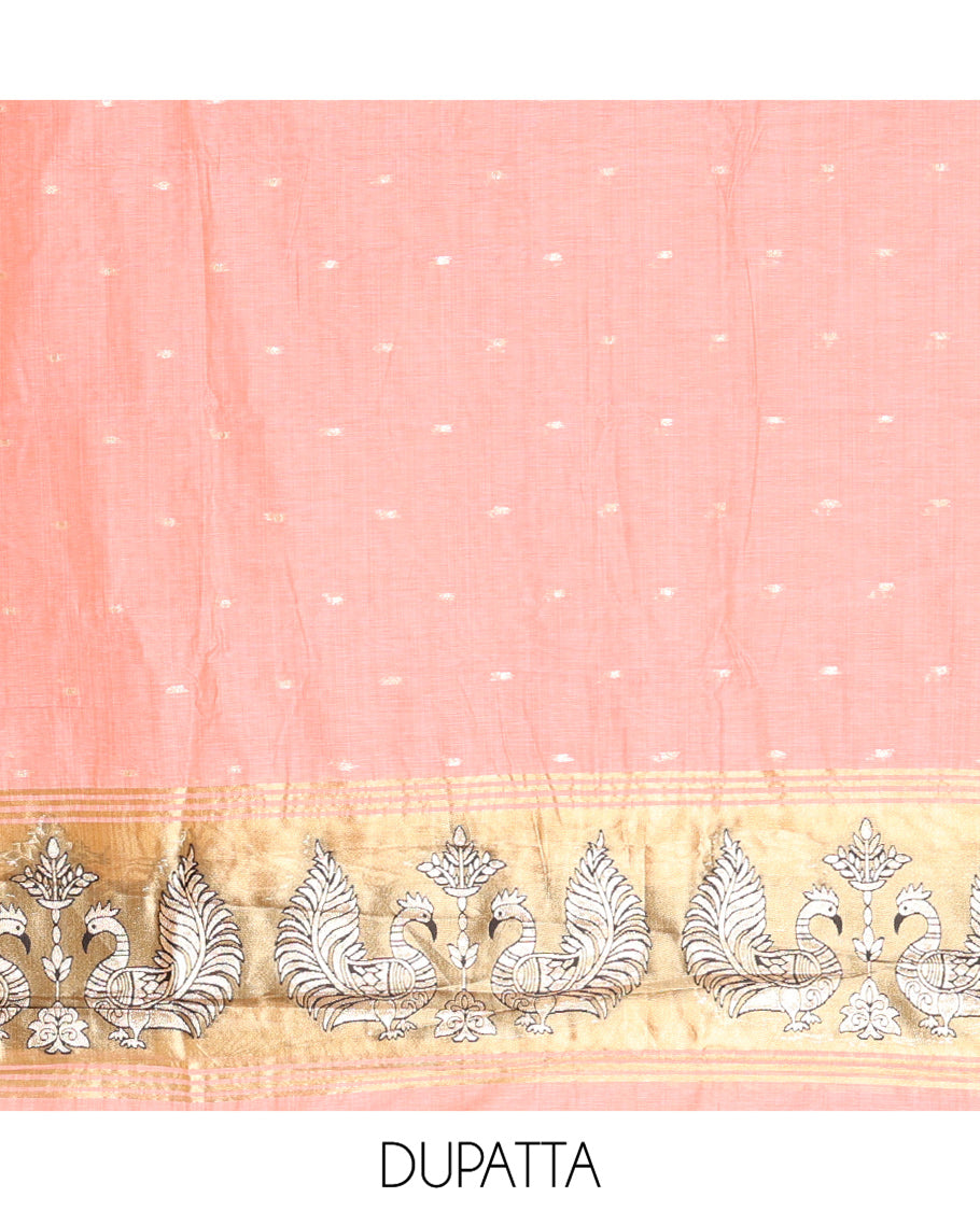 Peach Chanderi Material Chudidar, Zari Buttas and Annam Buttas Top, Matching Bottom, Annam Buttas Dupatta